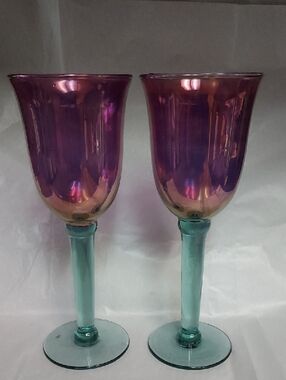 Vintage 1980s Tulip Shape Goblets Pink Iridescent Green Stem Hand Blown Set Of 2